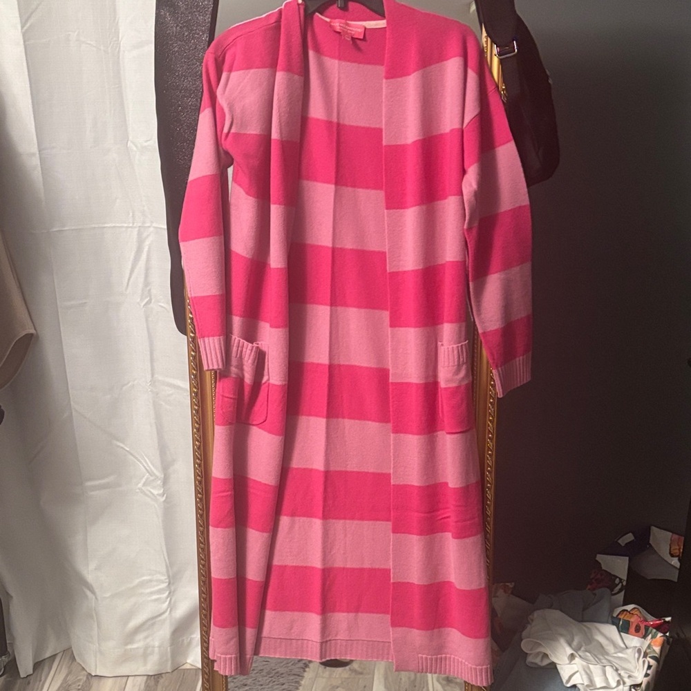 NWOT Isaac Mizrahi 100% Cashmere Pink Striped Duster Open Cardigan Sz XS - Picture 3 of 6